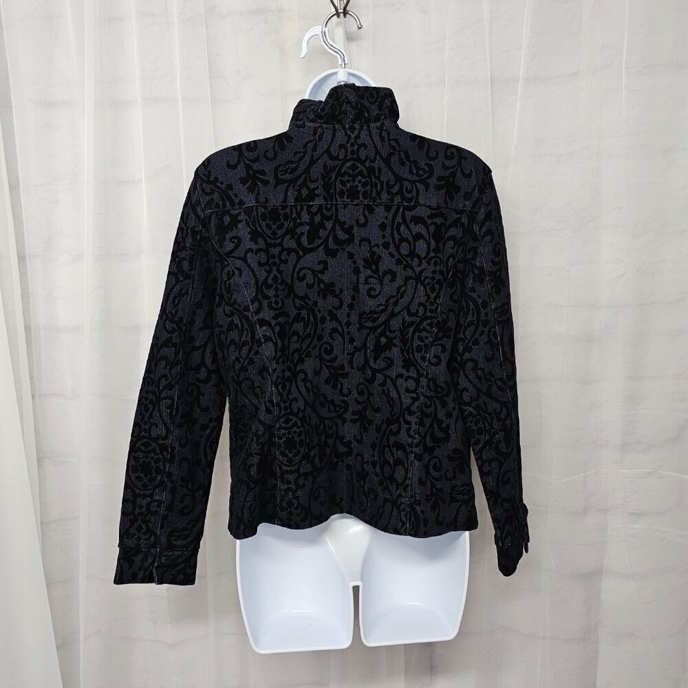 Tantrums Blue Black Velour Flocked Denim Jacket Zip Ruffle Boho M - Picture 9 of 14
